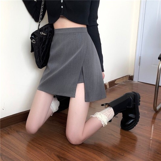 灰色高腰显瘦开衩半身裤裙